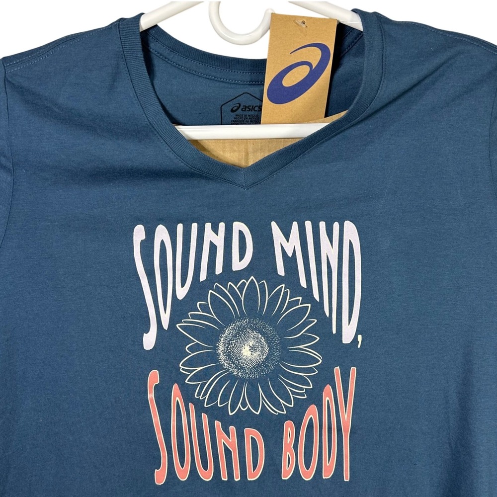 Asics Womens Large T-Shirt V-Neck Sound Mind Body Sunflower Slogan Blue Tee NWT